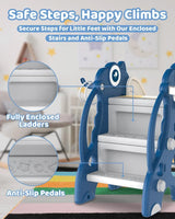 Children's playground equipment with enclosed stairs, anti-slip pedals, and fully enclosed ladders.