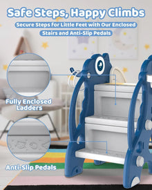 Children's playground equipment with enclosed stairs, anti-slip pedals, and fully enclosed ladders.