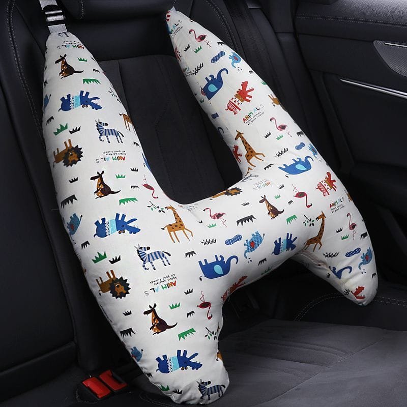 U-Shape Kids Travel Pillow with playful animal print for comfortable car seat travel and restful journey naps.