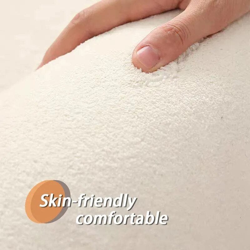 Close-up of a hand touching soft fabric with 'Skin-friendly comfortable' text.