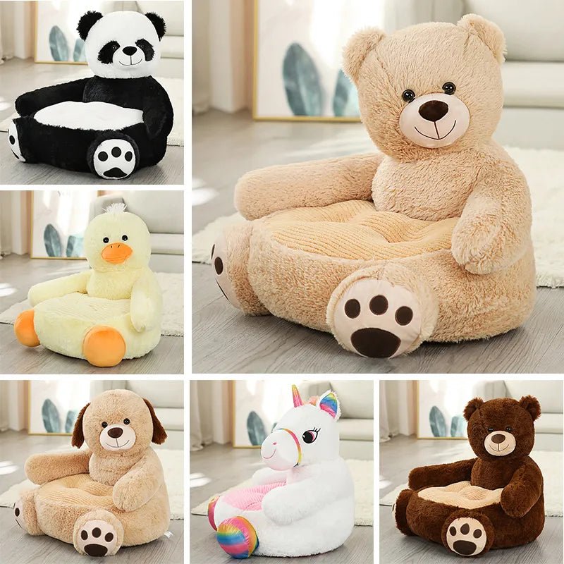 50cm Soft Panda Baby Seat Sofa range shown across panda, bear, duck and unicorn plush animal chair styles for nursery seating.