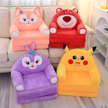 Four plush stuffed animal baby support seats in cartoon designs shown on a couch for comparison.