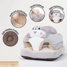 Plush cartoon infant training seat displayed on a white background for supported sitting practice and playtime.