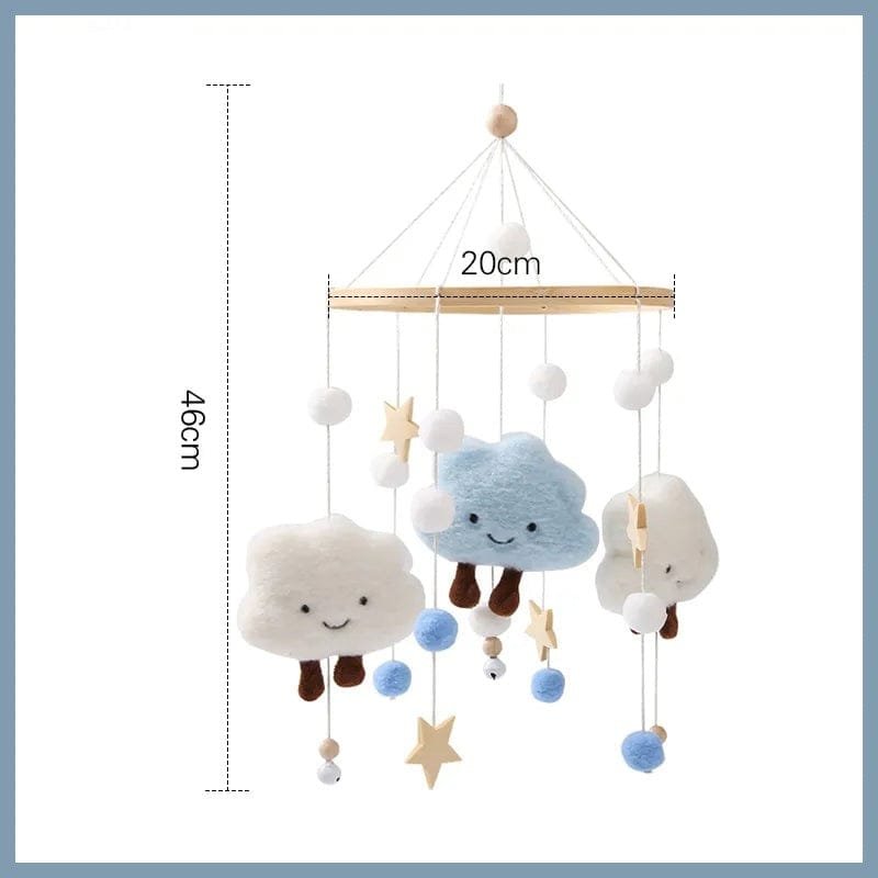 Plush cloud and star baby crib mobile with measurements, a felt hanging set for calm nursery decor and nap time.