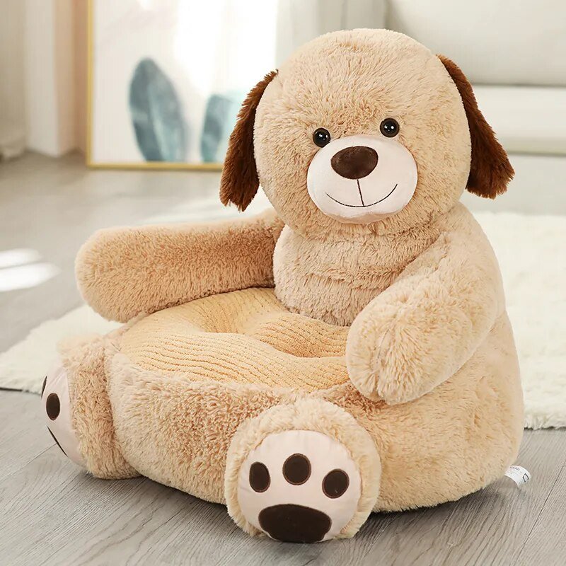 Plush dog baby seat sofa soft animal chair side view for toddler sitting, nursery corners, and cosy play spaces.