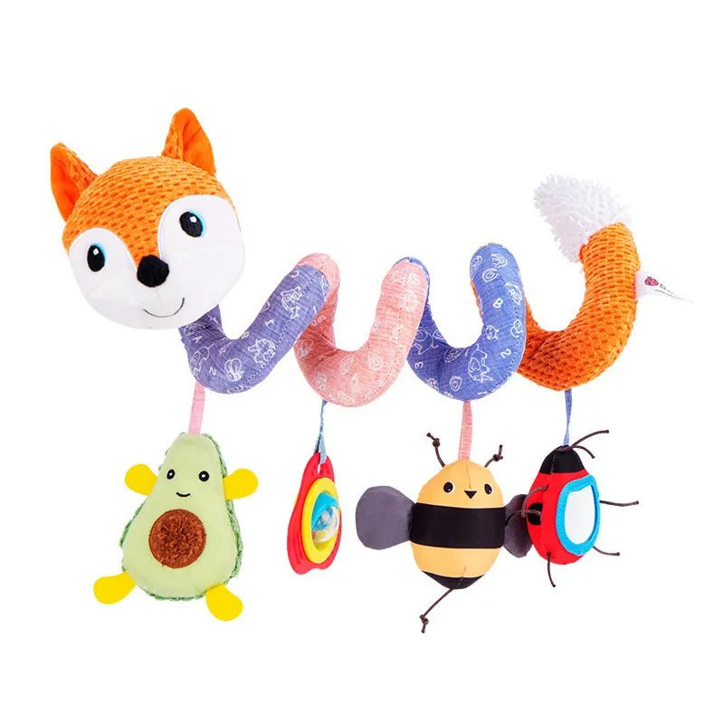 Plush fox spiral toy with hanging animal charms for infant car seat music and play.