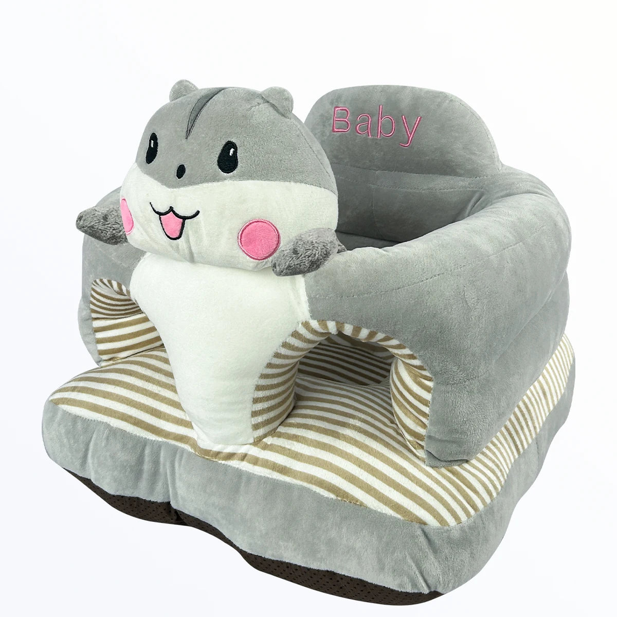 Plush shark-shaped baby training seat displayed on a white background for infant sitting support and play.
