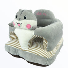 Plush shark-shaped baby training seat displayed on a white background for infant sitting support and play.