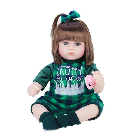 Doll in green outfit with plaid pattern and text on a white background