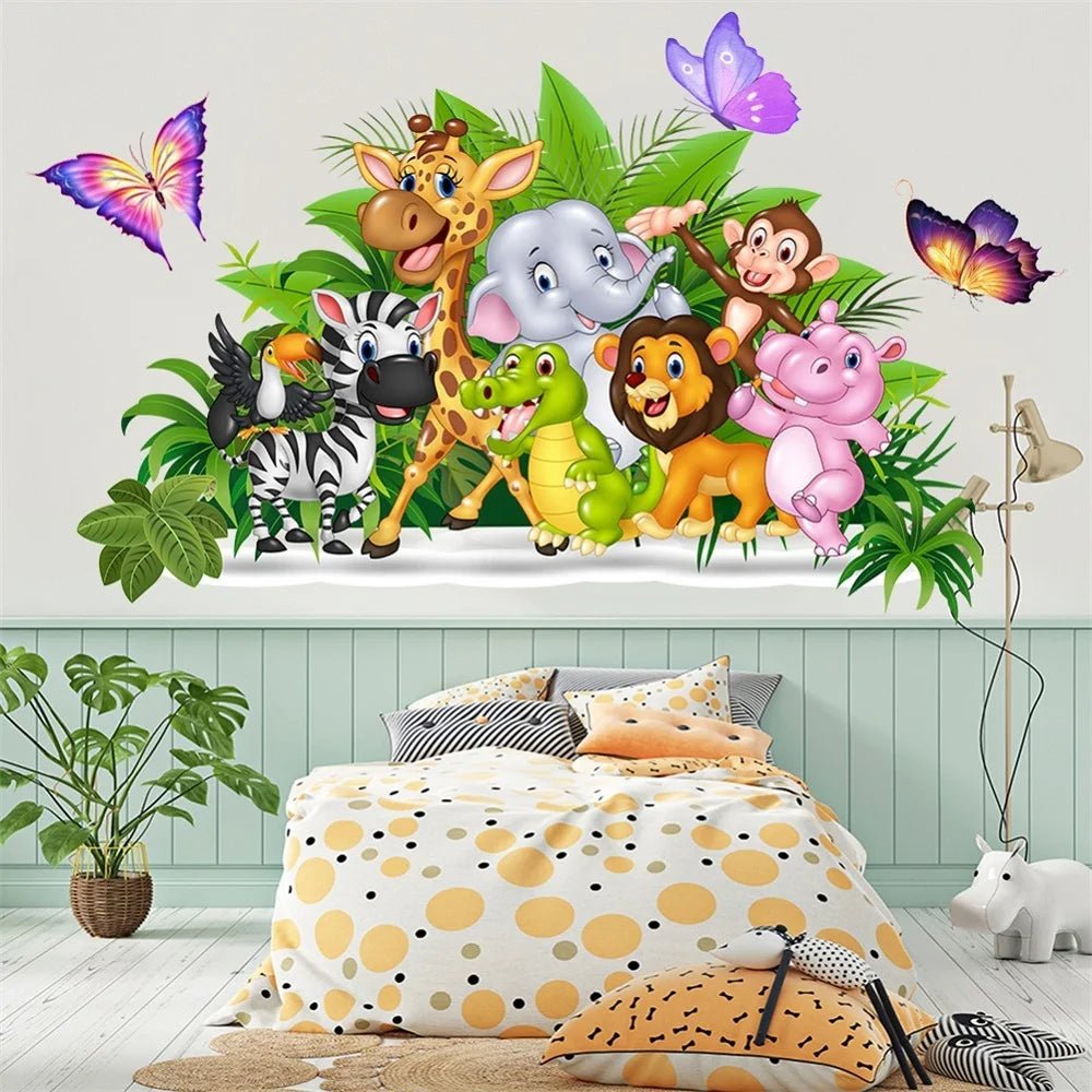 Colorful animal grass wall sticker for kids shown above a bed with polka dot bedding.