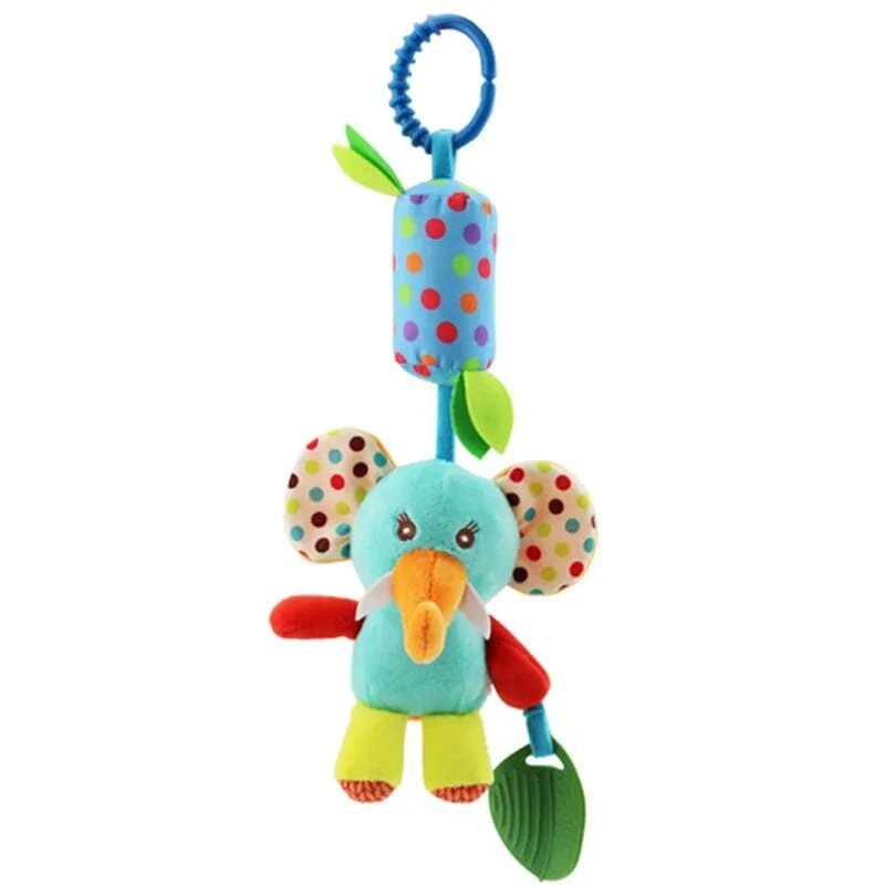 Soft Animal Handbell Rattle with polka dot elements and soft bite teether for baby comfort.