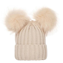 Beige knit beanie with two large fur pom-poms (option 2)