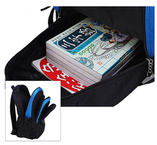 Black backpack with blue zippers containing books, with a close-up of the backpack.