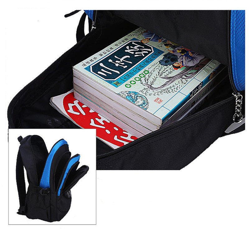 Black backpack with blue zippers containing books, with a close-up of the backpack.