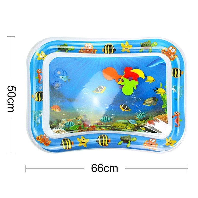 Inflatable water mat with ocean design and fish illustrations, showing dimensions.