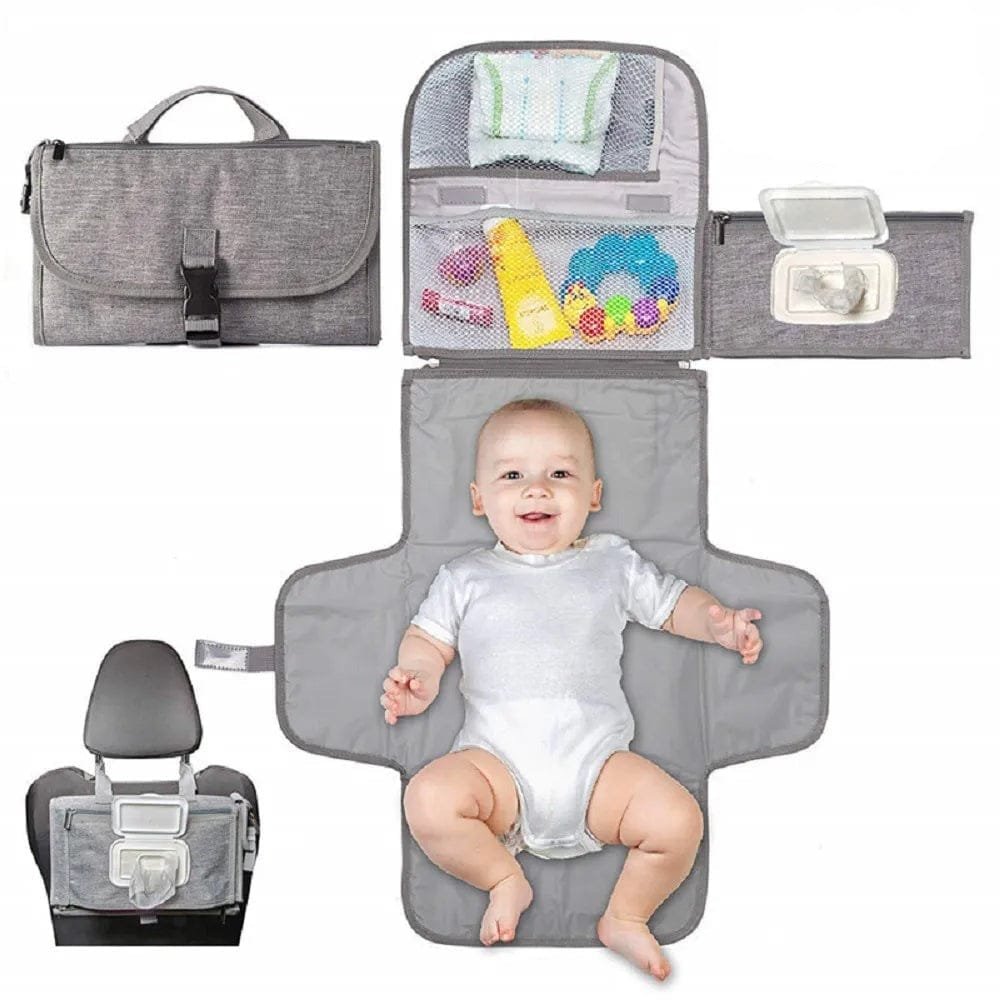 Portable diaper changing pad with smart wipes pocket, a folding nappy organiser for changes away from home.