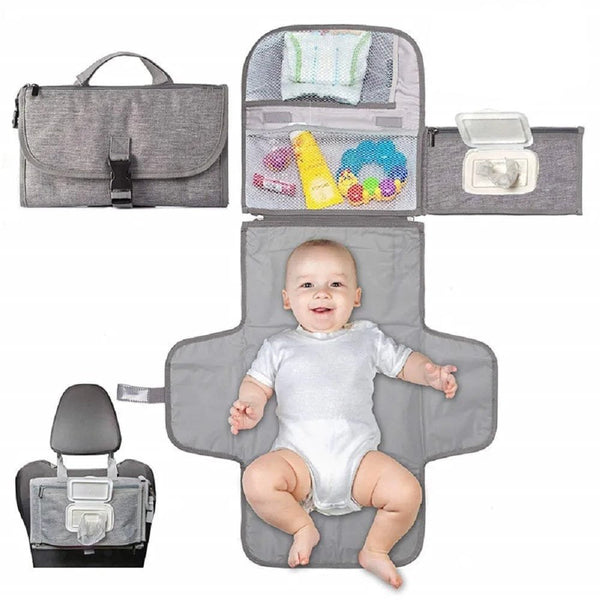 Portable diaper changing pad with smart wipes pocket, a folding nappy organiser for changes away from home.