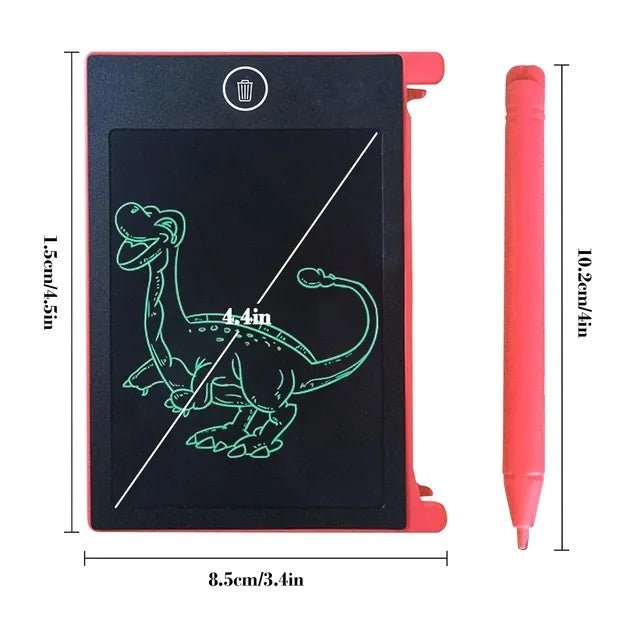 Small electronic writing pad with a dinosaur drawing and red pen, showing dimensions.