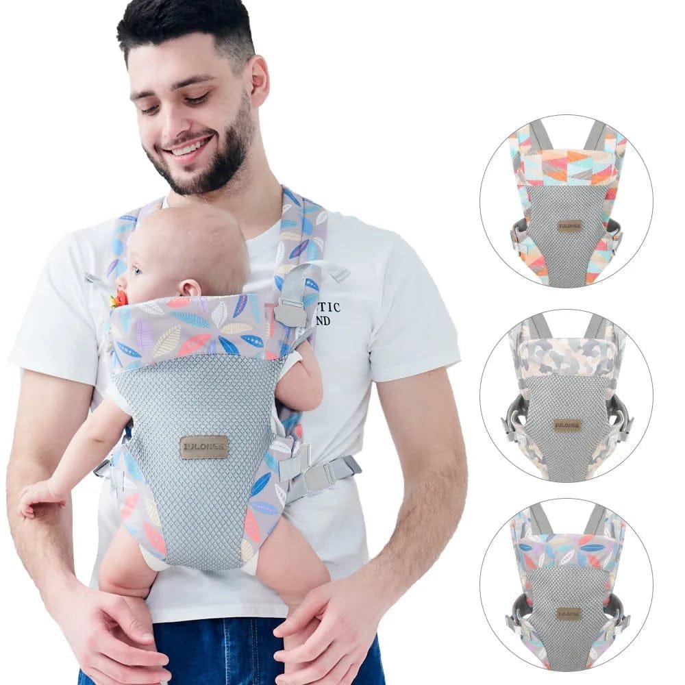 Portable ergonomic baby carrier worn on the front, holding an infant securely for walks, errands, and hands-free parenting.