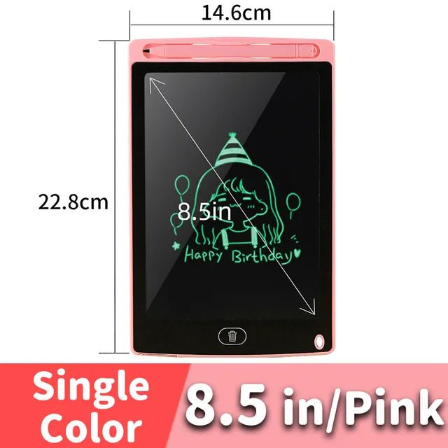 8.5-inch pink electronic writing pad with measurements and a sample drawing 