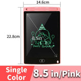 8.5-inch pink electronic writing pad with measurements and a sample drawing 