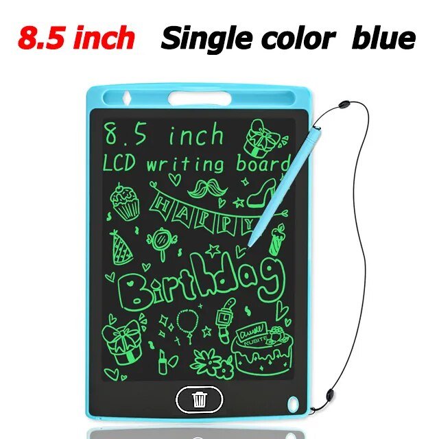 Portable kids LCD Drawing Tablet with blue stylus for on-the-go doodling, car journeys, and waiting rooms.