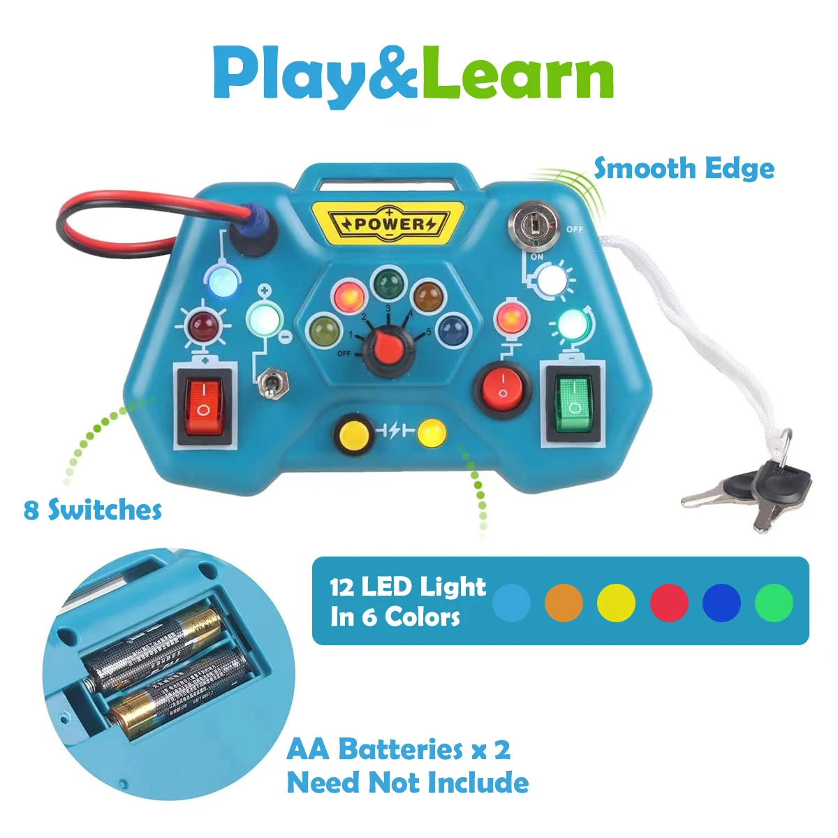 Toy control panel with various features highlighted.
