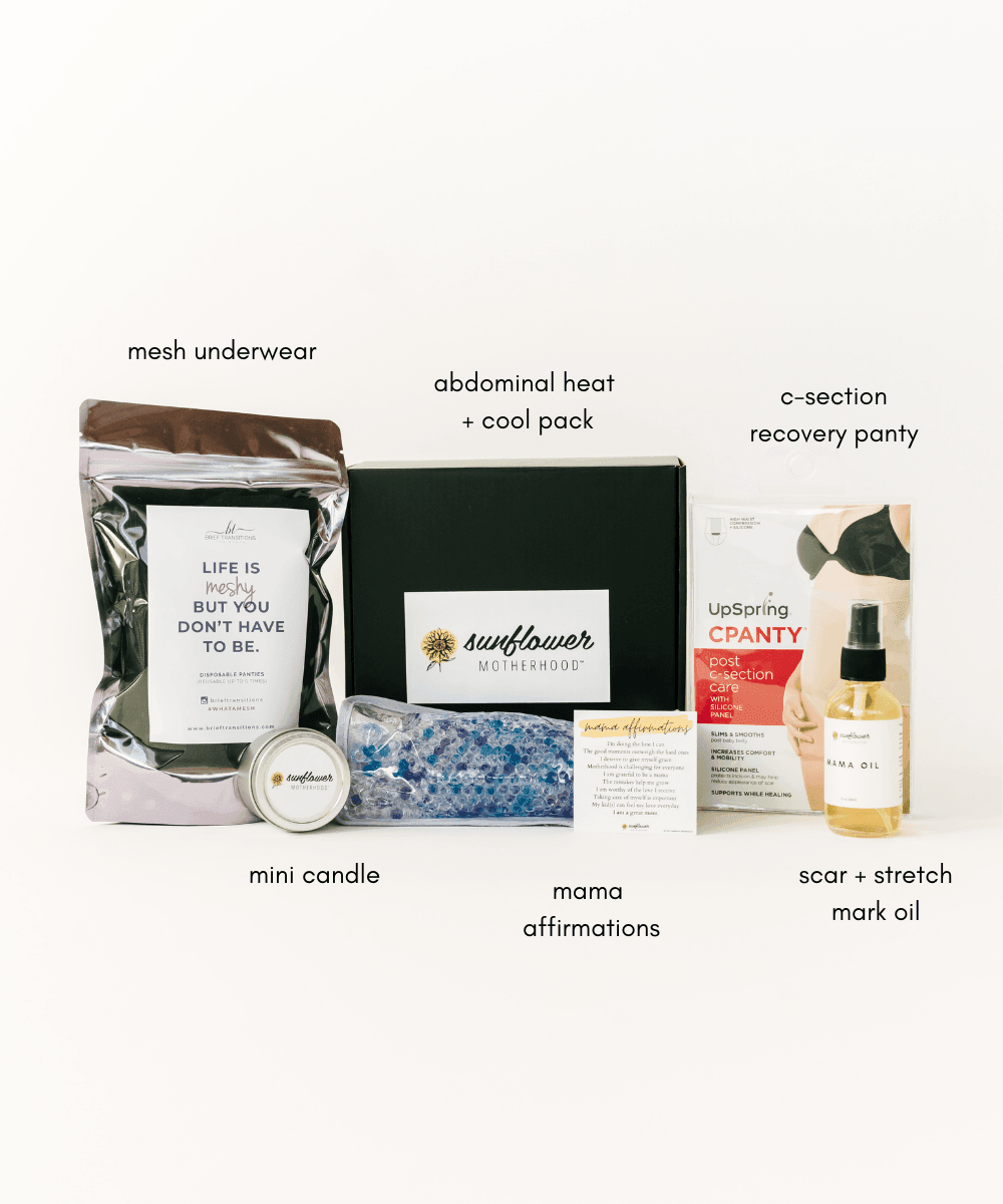 Collection of postpartum care products with labels