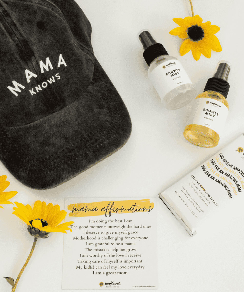 Postpartum Survival Bundle with a Mama Knows cap and shower mist bottles, a practical self-care gift for new mothers.
