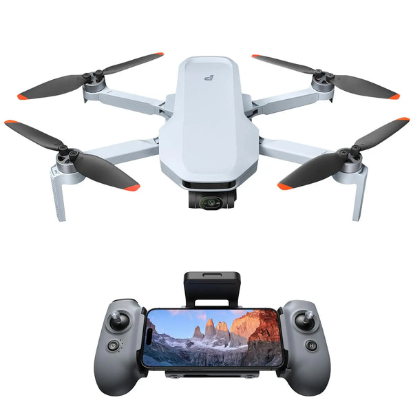 Potensic ATOM 2 4K HDR gimbal drone paired with a smartphone controller for scenic mountain flights.