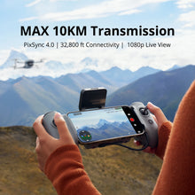 Potensic ATOM 2 4K HDR gimbal drone controller shown mid-flight over mountains highlighting transmission range.