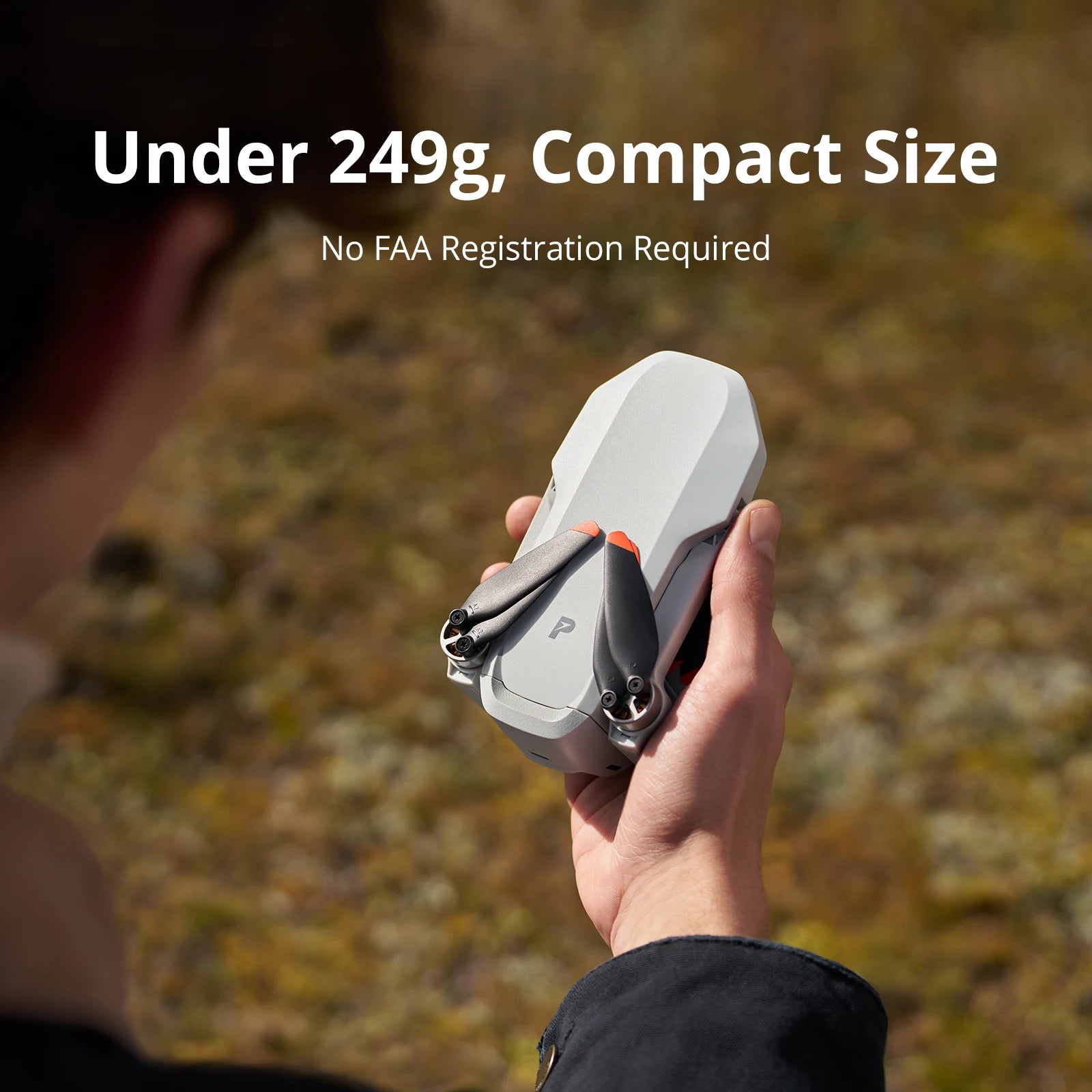 Potensic ATOM 2 4K HDR lightweight camera drone held in hand showing weight and FAA registration status.
