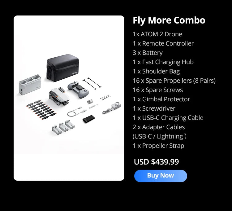 Potensic ATOM 2 4K HDR lightweight camera drone Fly More Combo package with included flight accessories.