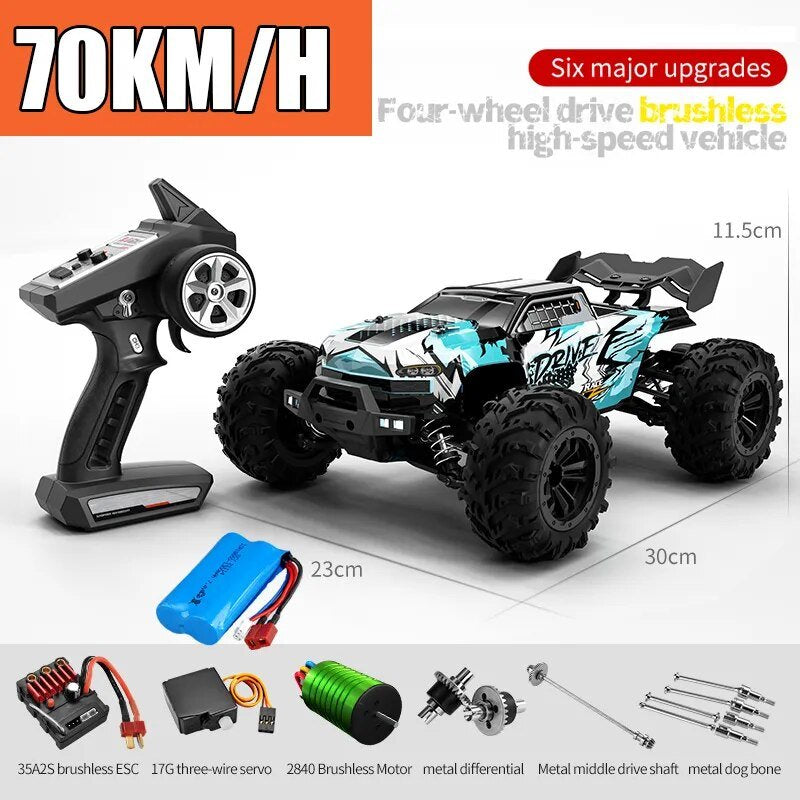 Powerful brushless 1/16 scale RC Monster Truck with remote control and specifications for high-torque off-road driving.