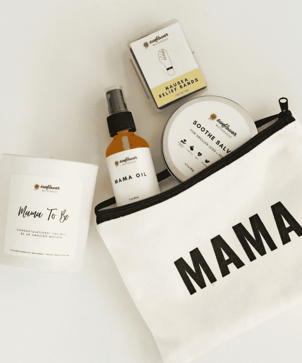 Pregnancy Congratulations Bundle with Mama Oil bottle, spray, and MAMA pouch for expecting mother gifting and daily pregnancy self care.