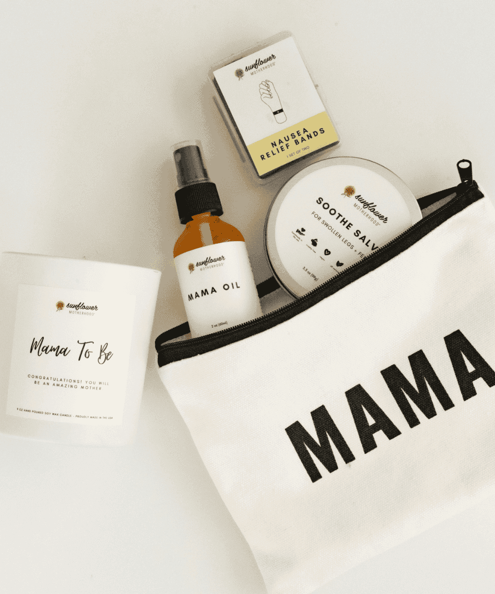 Pregnancy care products including a bottle labeled 'Mama Oil', a spray bottle, and a bag with 'MAMA' printed on it, all branded 'Couture'.