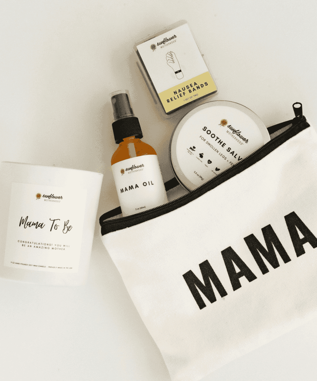 Pregnancy care products including a bottle labeled 'Mama Oil', a spray bottle, and a bag with 'MAMA' printed on it, all branded 'Couture'.