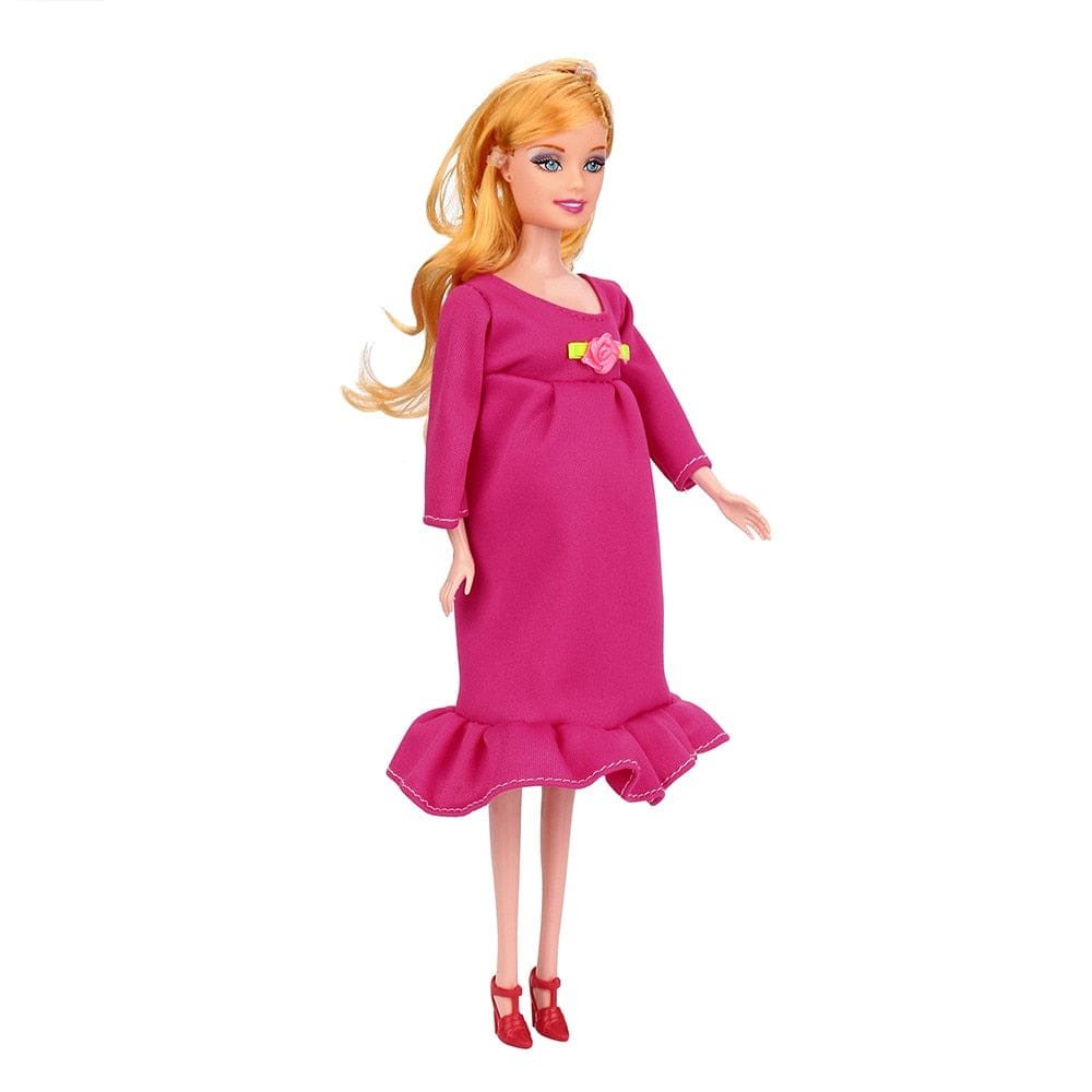 Pregnant mommy doll in a pink dress for pretend play, storytelling and sibling preparation.