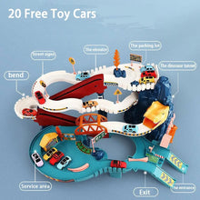 Toy car track set with various features labeled 