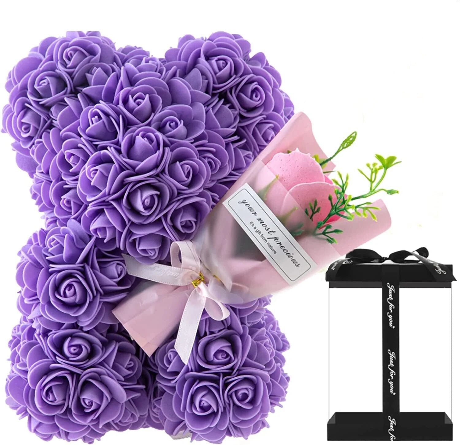Premium purple Rose Bear with a rose bouquet, a Mothers Day gift set for mums, grandmothers and close friends.