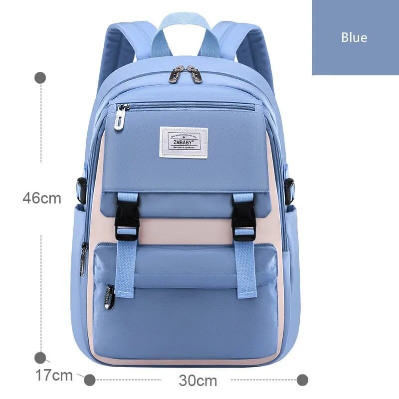 Close-up of the blue waterproof girls backpack brand label and stitching, a quality campus bag made for long school terms.