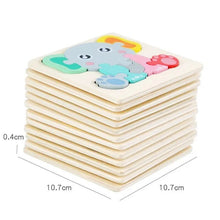 Stack of wooden puzzle pieces with a cartoon elephant design, showing dimensions.