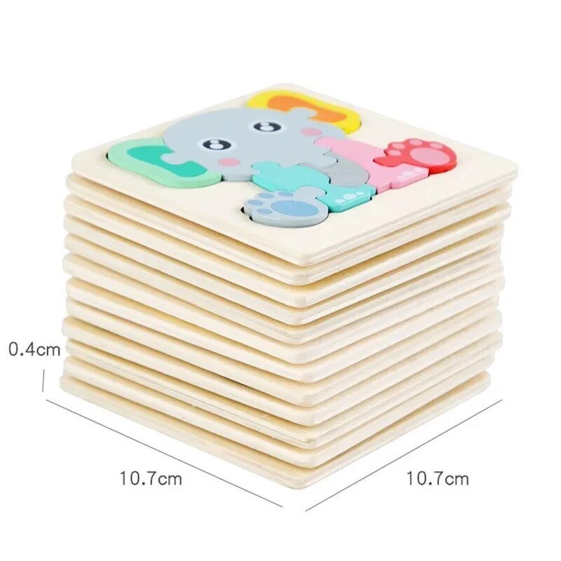Stack of wooden puzzle pieces with a cartoon elephant design, showing dimensions.