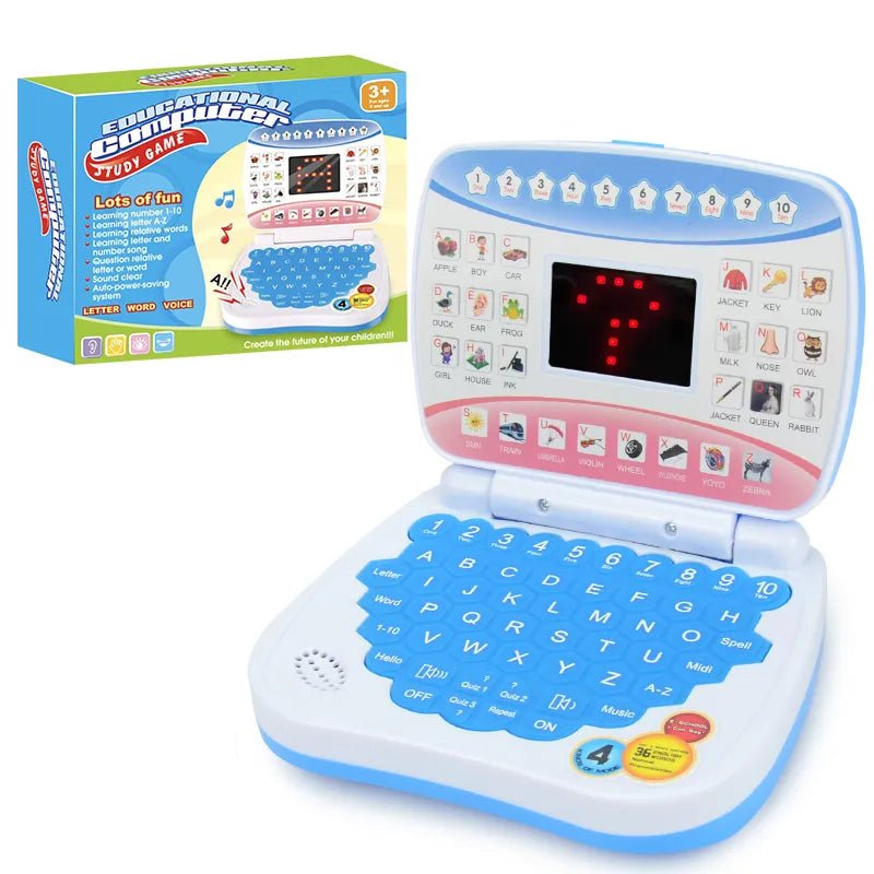 Preschool Education Toy electronic learning laptop with open lid showing keyboard and screen for play.