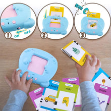 Preschool English Learning Toy with flashcards used by children at a table for shared word learning and playtime study.
