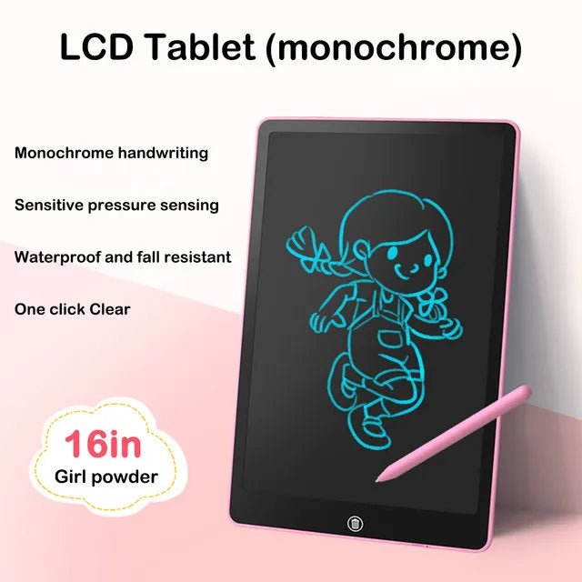 16-inch LCD tablet with a pink stylus on a light pink background, displaying a cartoon girl drawing.