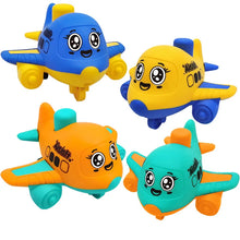 Four cartoon aircraft toys in blue, yellow, orange and mint green on a white background