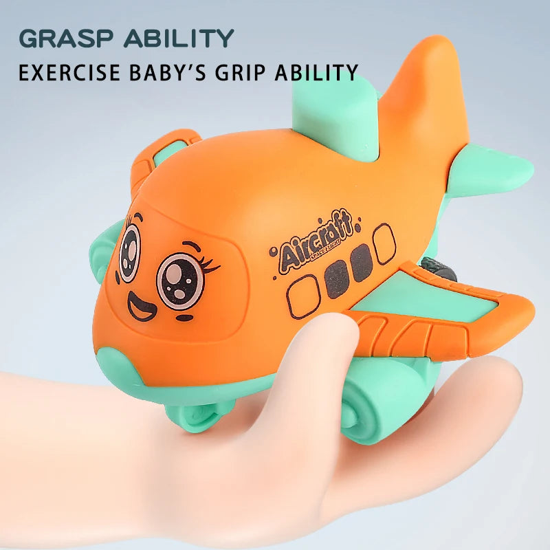 Orange cartoon aircraft toy resting on a hand with text about exercising grip ability