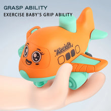 Orange cartoon aircraft toy resting on a hand with text about exercising grip ability