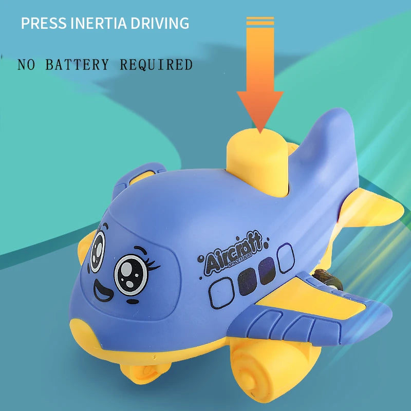 Blue cartoon aircraft toy with an arrow pressing its top and text saying no battery required